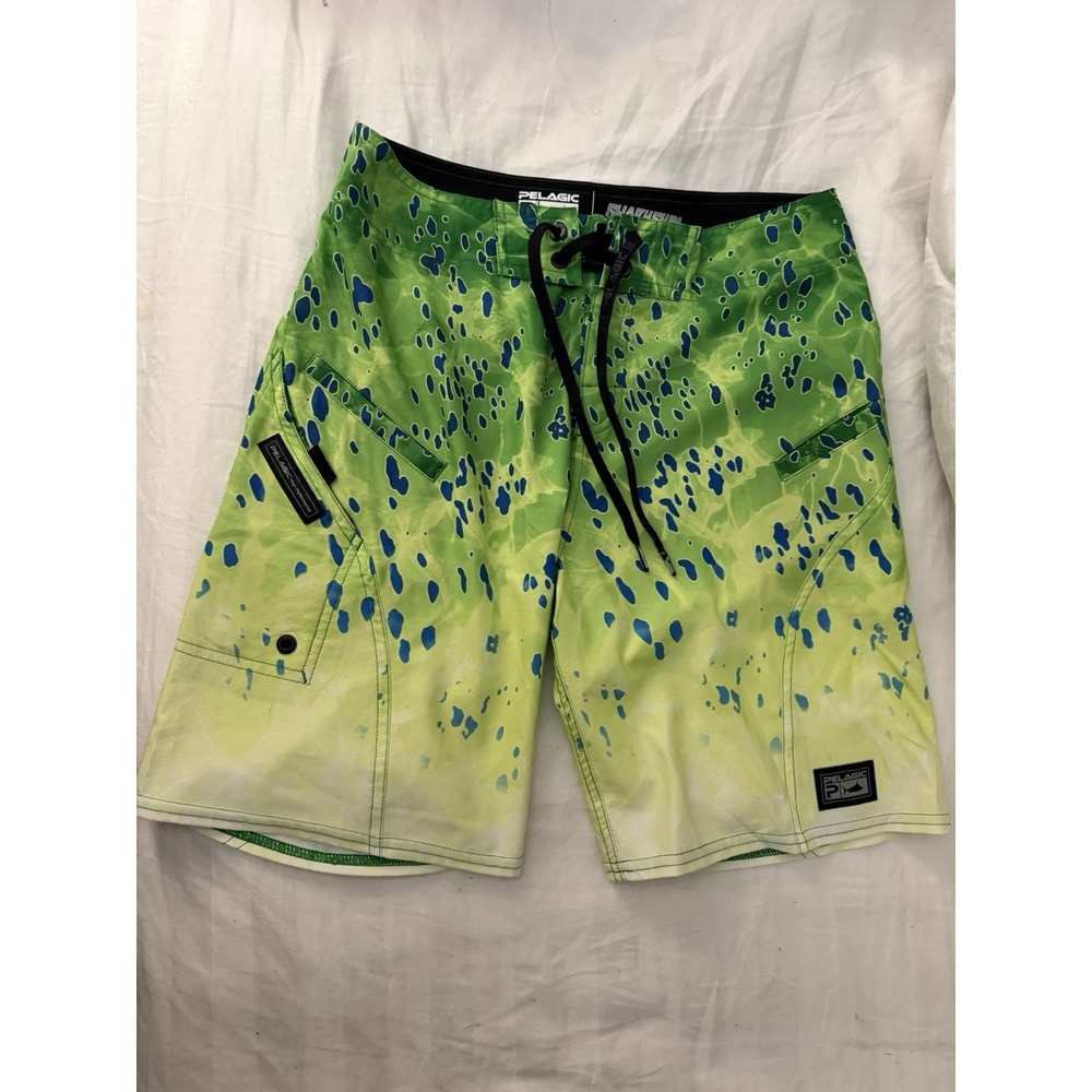 Pelagic Men's Youth Sharkskin Fishing Board Shorts Yellow Green 27 xL